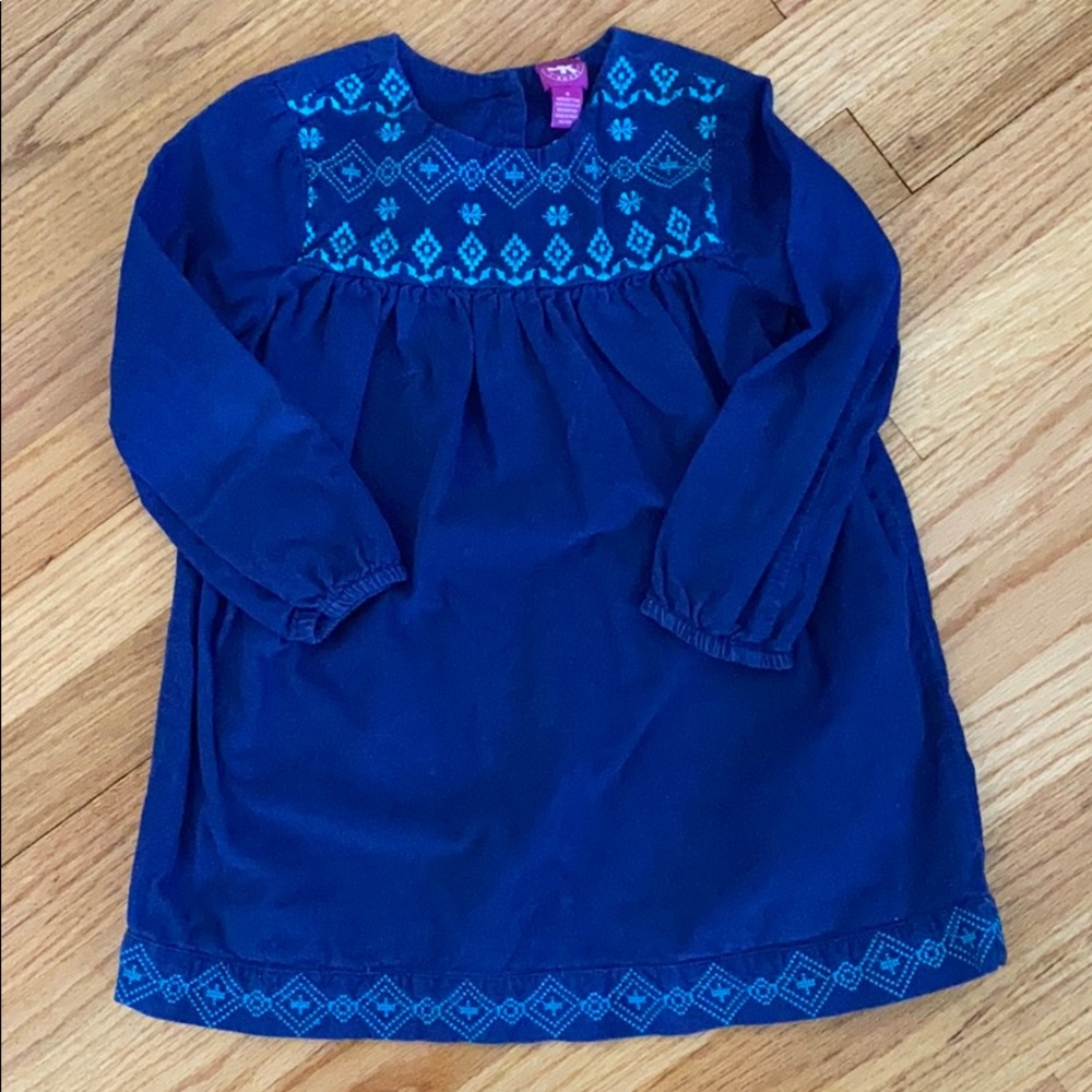 Blue corduroy dress with teal embroidery